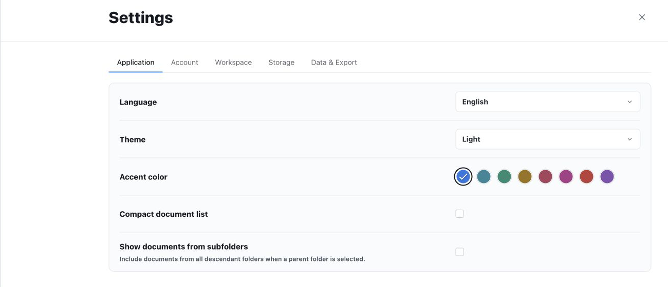 Yazora Application Settings page with language, theme, accent, and list controls