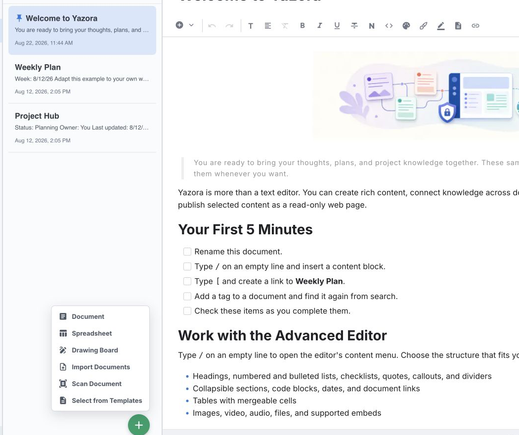 Yazora Add menu with Document, Spreadsheet, Drawing Board, import, scan, and template actions