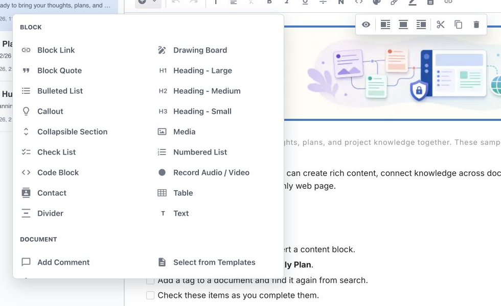 Yazora content menu listing text, heading, list, media, and interactive blocks