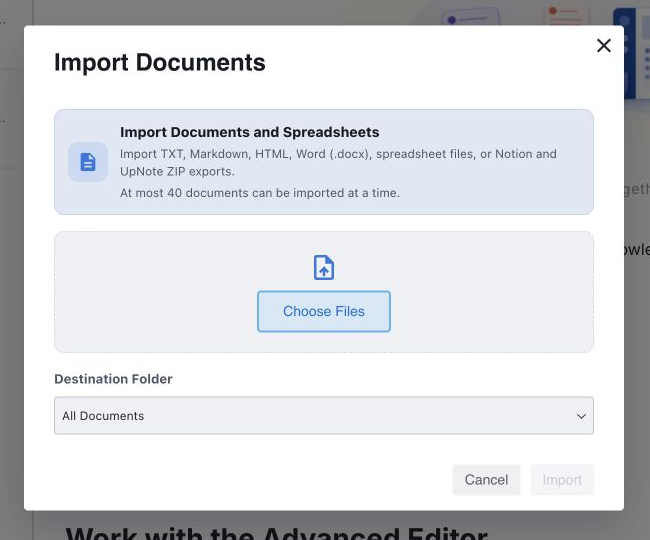 Yazora import dialog showing supported document, spreadsheet, and ZIP formats