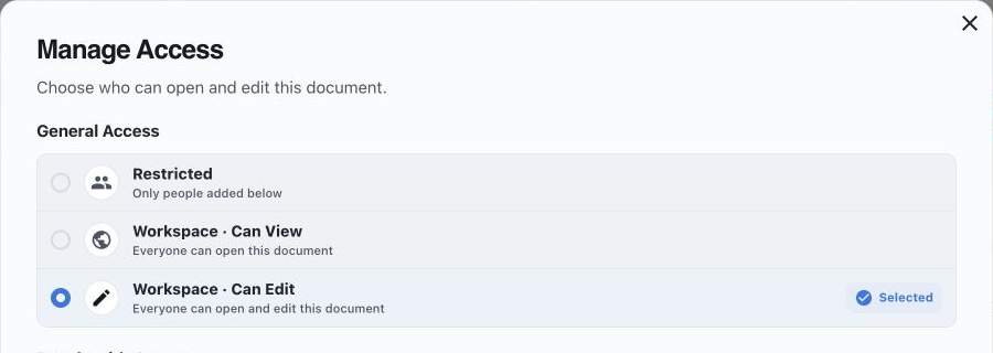 Yazora document access dialog with Restricted and workspace-wide view or edit options