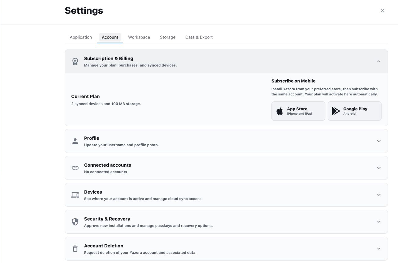 Yazora Subscription and Billing page with plan family and billing controls