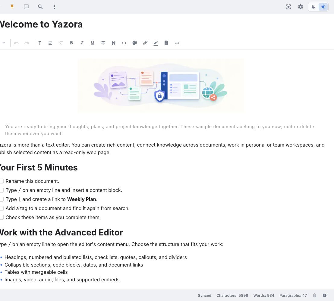 Yazora document editor showing the sidebar, document list, editor toolbar, and sync status